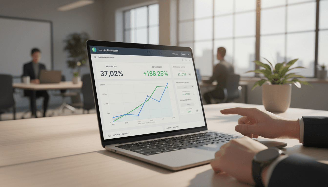 Marketing professional reviewing Google Ads and analytics dashboard showing increasing leads and conversions